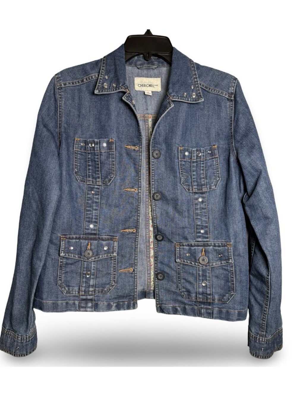 Cherokee Denim Utility Jacket Womens S Blue Jean Custom Rhinestone Studded Chore
